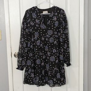 Urban Outfitters Ruffled Floral Tie-Neck Long Sleeve‎ Black Mini Dress Size Med